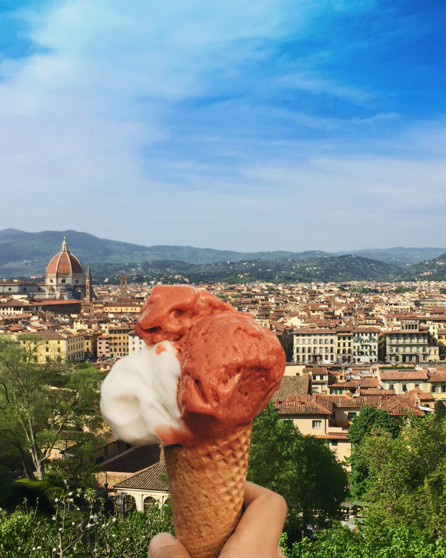 Image of hand holding a gelato cone overlooking the city of Firenze with the Duomo to the left, which introduces the Children in Firenze section for the Firenze Moms 4 Moms Network