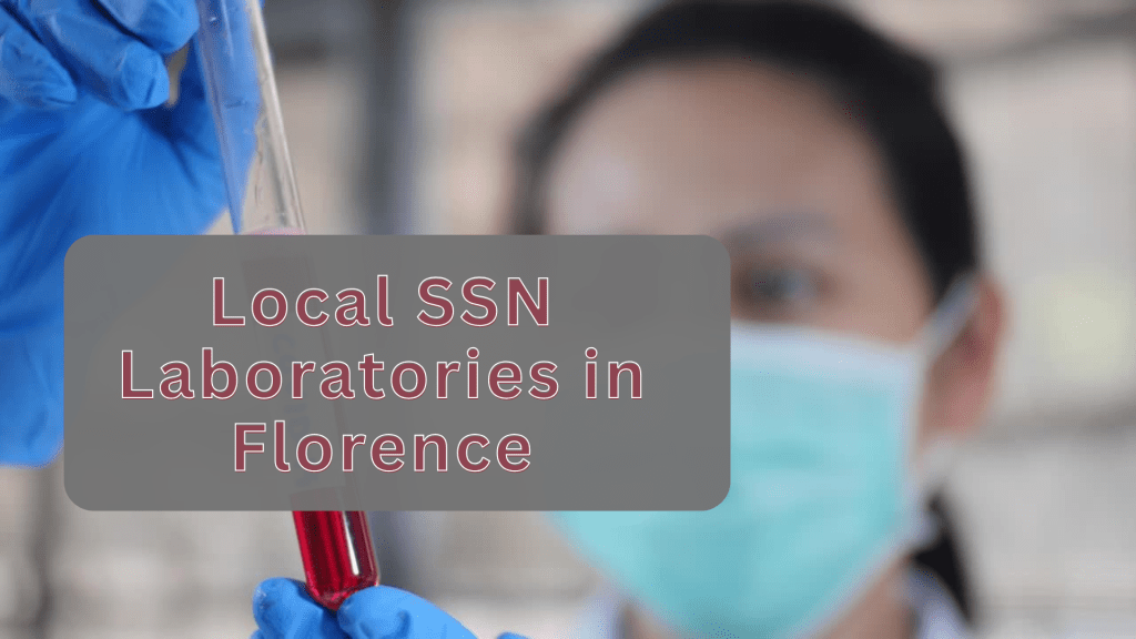 Medical professional wearing a surgical mask and blue gloves holds a test tube filled with red blood; over the image is a semi-transparent gray box containing the text “Local SSN Laboratories in Florence.”